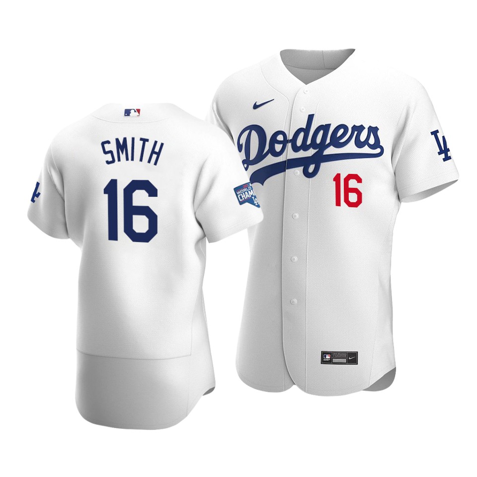 Men's Los Angeles Dodgers #16 Will Smith 2020 White World Series Champions Patch Flex Base Stitched Jersey